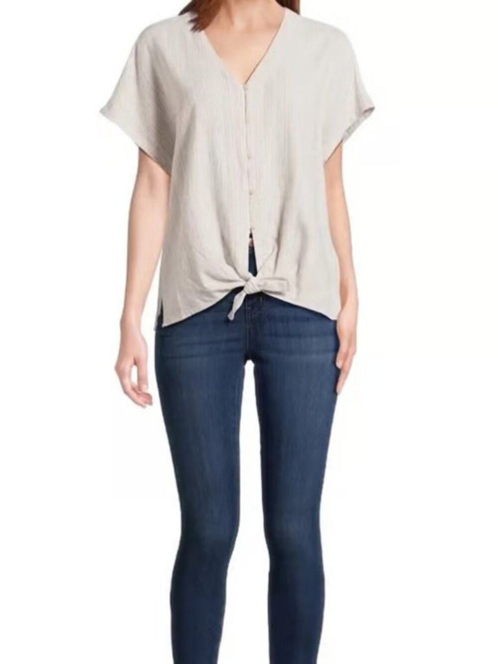 Time and Tru Women's V-Neck Button Down Tie Front Striped Linen Blend Size S
